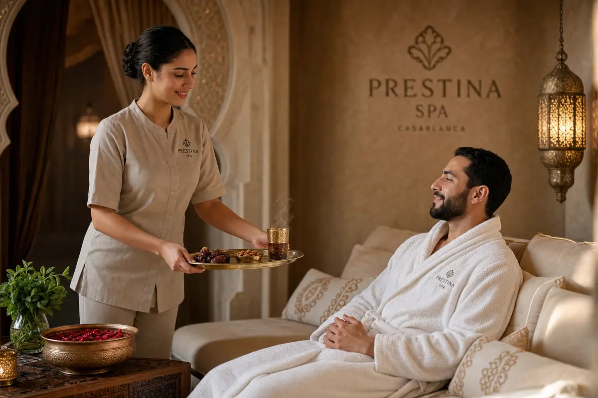 Accueil au salon Prestina Spa : thé et pâtisseries servis à un client en peignoir