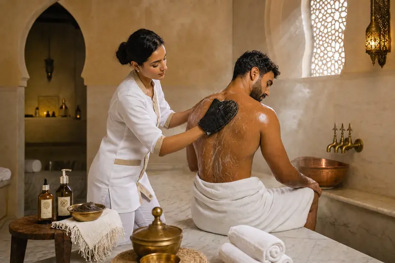Rituel de gommage au gant de kessa dans le hammam marocain de Prestina Spa