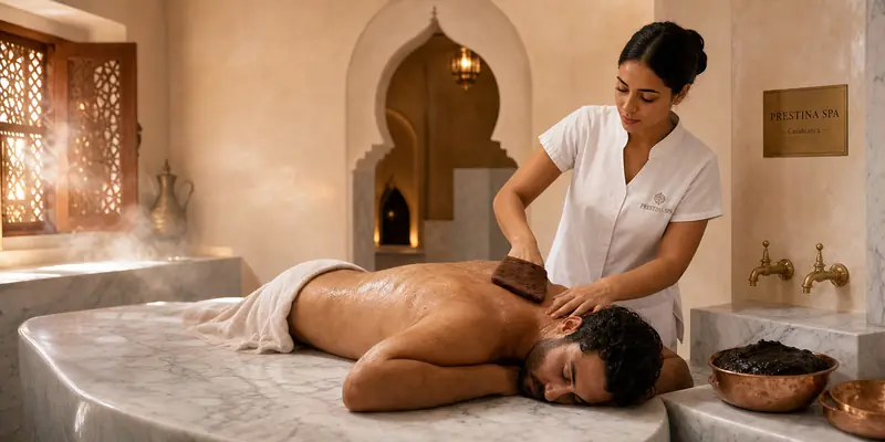 Gommage au gant de kessa sur la table de marbre du hammam Prestina Spa Casablanca