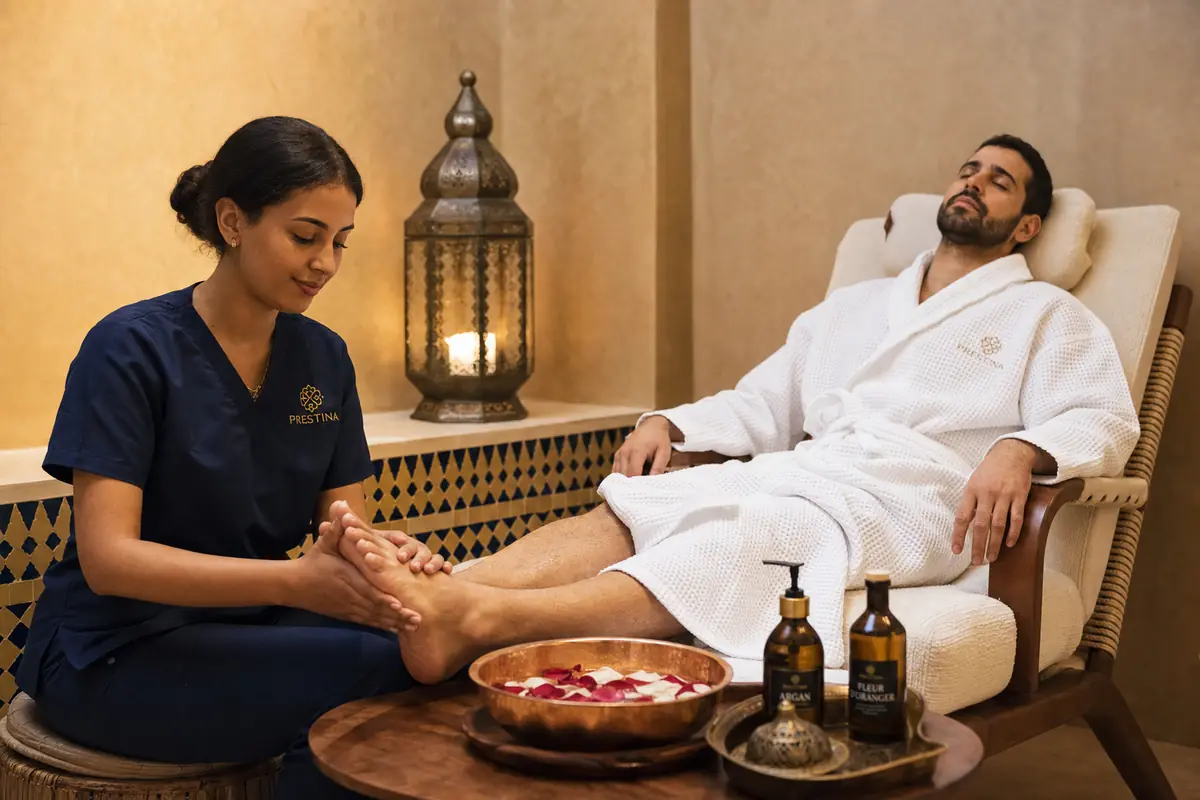 Massage des pieds et bain aux pétales de rose dans le salon de détente Prestina Spa