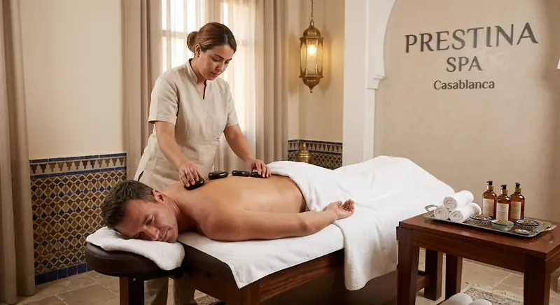 Massage aux pierres chaudes en lumière naturelle chez Prestina Spa Casablanca