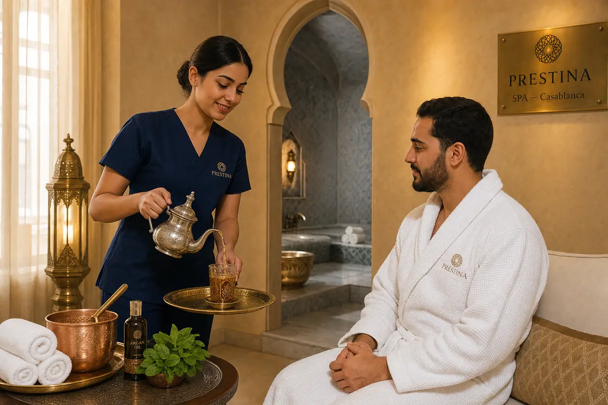 Service du thé à la menthe dans le salon de détente de Prestina Spa Casablanca